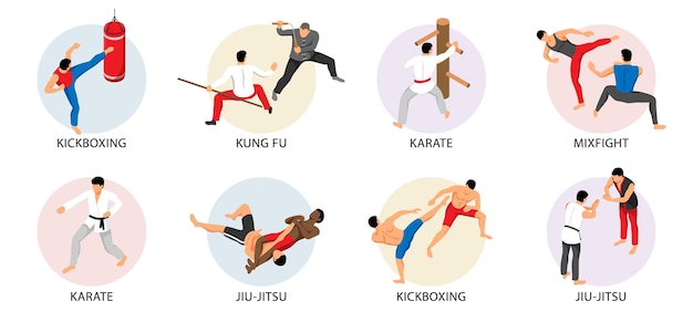 Free vector isometric martial arts set of isolated round compositions with text captions and characters of sparring athletes vector illustration