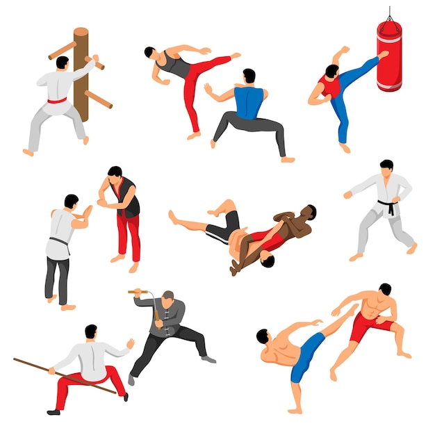 Isometric martial arts set with isolated characters of fighting men wearing traditional costumes on blank background vector illustration