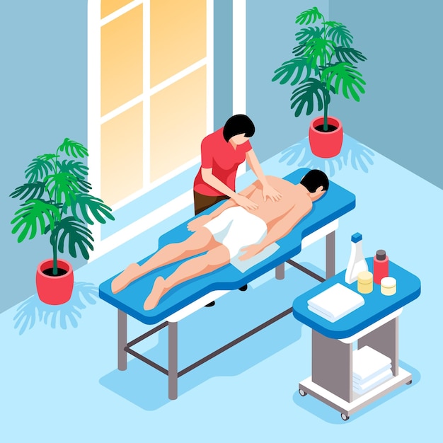 Free vector isometric massage composition with indoor view of massage table and lubricants with massage therapist and patient vector illustration