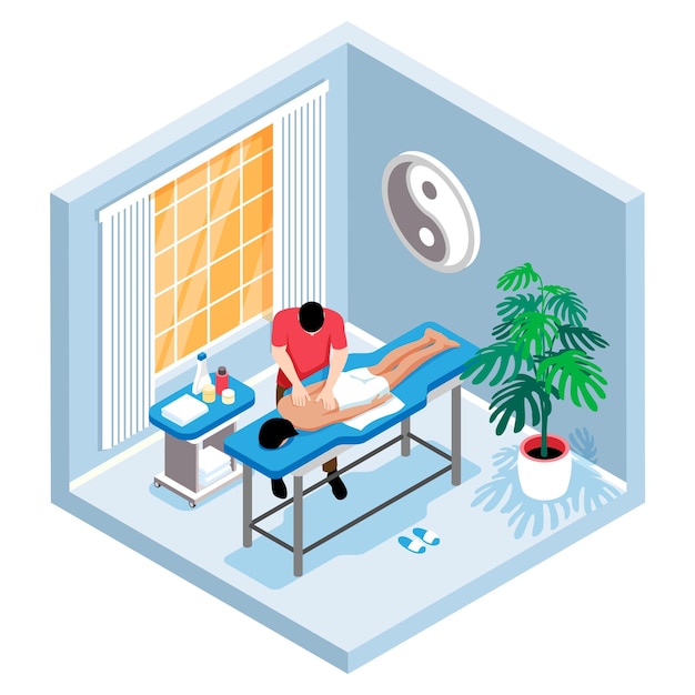 Free vector isometric massage composition with isolated view of massage room and massagist with client lying on table vector illustration