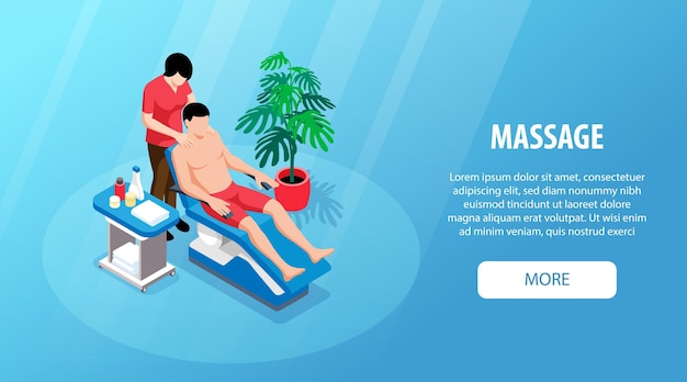 Free vector isometric massage horizontal banner with more button editable text and man in massage chair with physician vector illustration