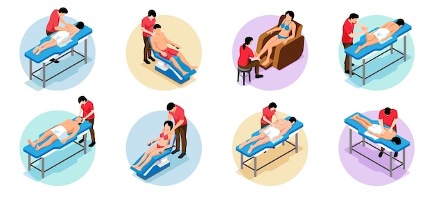 Vettore gratuito set di massaggi isometrici di composizioni rotonde con icone di clienti pazienti e specialisti fisici che danno illustrazione del vettore di massaggio