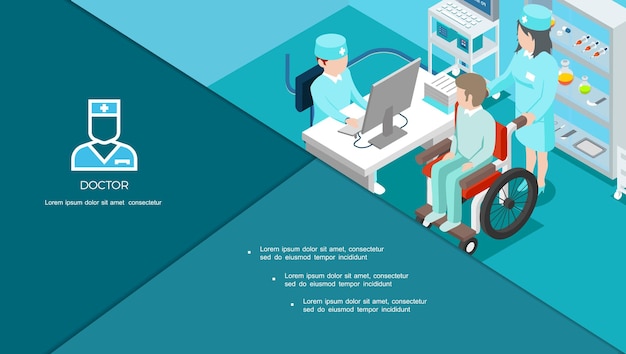 Vettore gratuito composizione isometrica nel centro medico con medico che consulta il paziente sulla sedia a rotelle e medicina sull'illustrazione degli scaffali