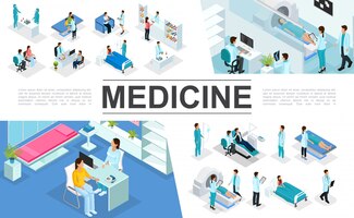 isometric medicine composition with doctors patients nurses medical diagnostic procedures mri scan pharmacy laboratory research interior elements
