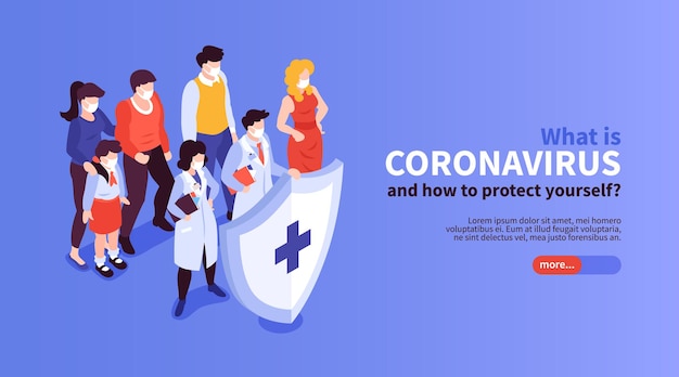 Isometric medicine and coronavirus horizontal banner