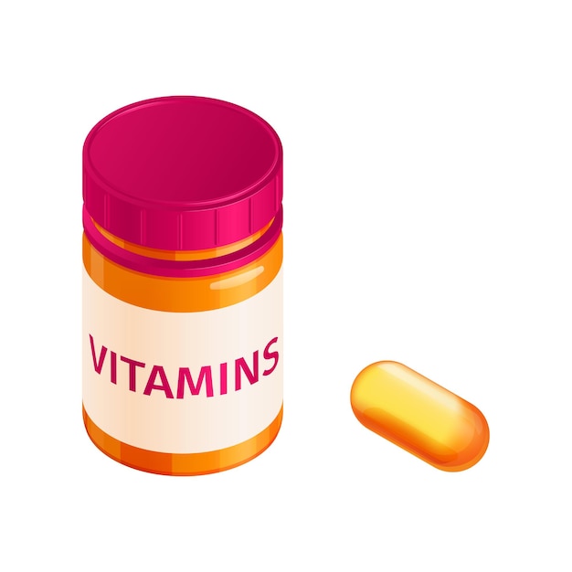 空白の背景のベクトル図にビタミン剤の分離画像と等尺性薬局の構成