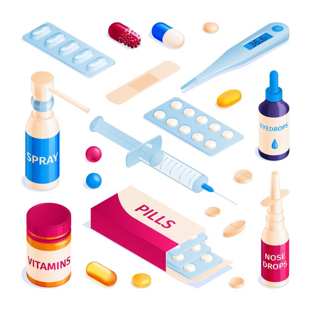 等尺性の薬局の丸薬カプセル水ぶくれガラス瓶とドロップ孤立した医療製品のセット画像ベクトルイラスト