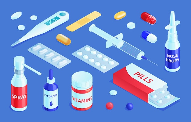 Free vector isometric medicine pharmacy set with isolated medical products pharmaceutical drugs and pills with drops