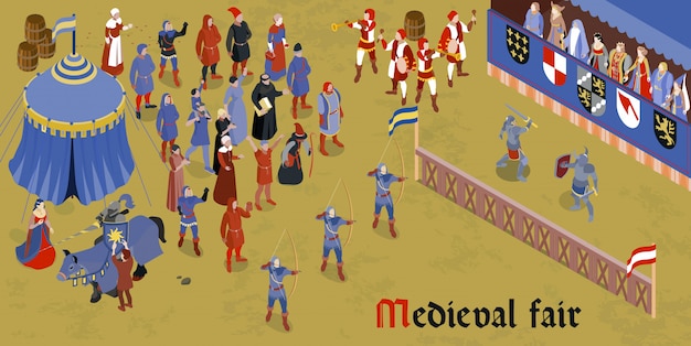 Isometric medieval horizontal composition with medieval fair headline and group of people on square