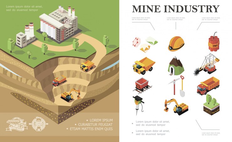 Free Vector isometric mining industry composition with factory industrial vehicles digging quarry mine precious stones dynamite shovel pickaxe trees hammer drill miner helmet
