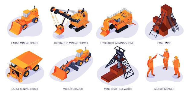 Free vector isometric mining set of isolated compositions with orange machinery vehicles coal mine elevator buildings and miners vector illustration