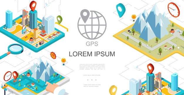 Isometric mobile gps navigation composition with city mountains map pointers cars magnifier roads  illustration