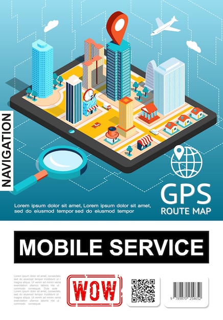 Poster di servizio di navigazione mobile isometrica con città sulla lente d'ingrandimento dello schermo dello smartphone e illustrazione del puntatore della mappa