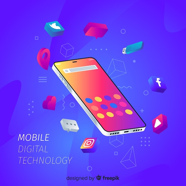 Free vector isometric mobile phone surrounded by apps