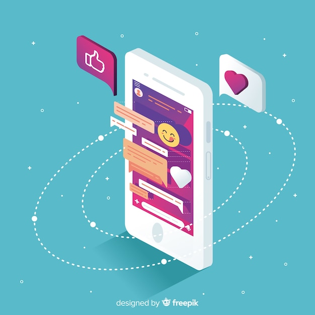 Free vector isometric mobile phone with chat and emojis
