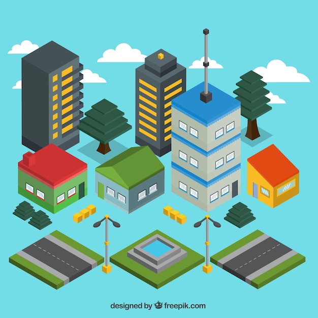 Isometric modern city with roads