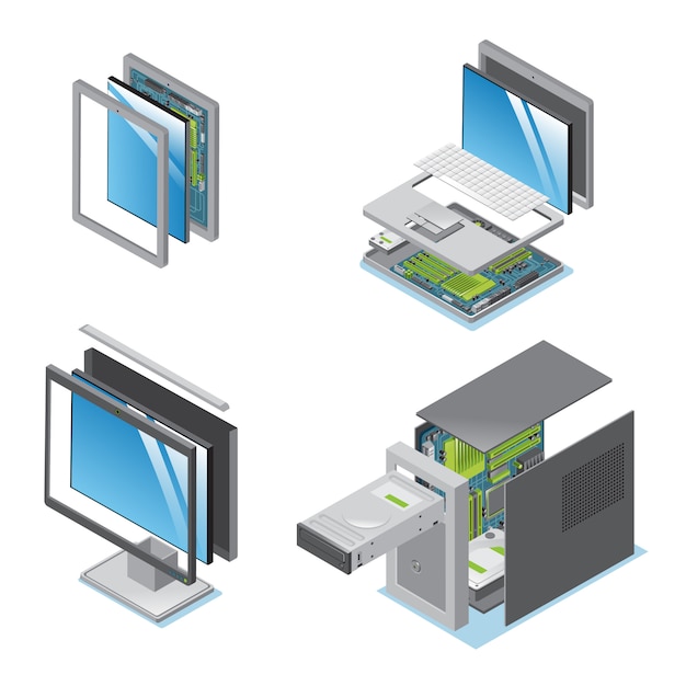 Dispositivi e gadget moderni isometrici impostati con parti e componenti dell'unità di sistema del monitor del computer portatile tablet isolato