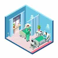 Free vector isometric modern hospital room, ward section with female patient in bed