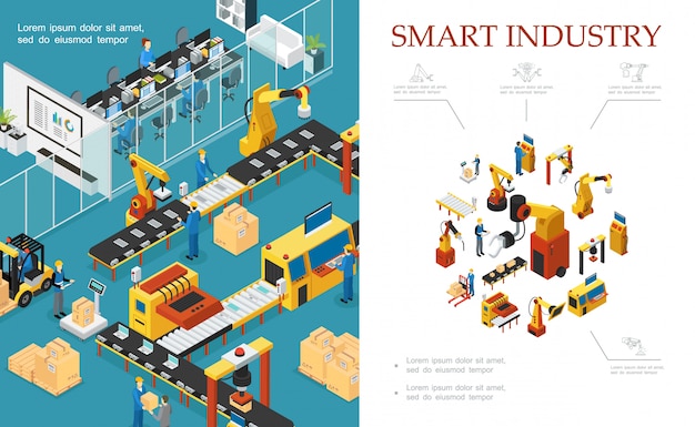 Isometric modern industrial production composition with automated assembly and packaging lines robotic arms engineers operators