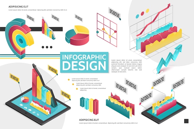 Изометрическая современная инфографическая концепция с диаграммами, диаграммами, круговыми диаграммами для иллюстрации бизнес-презентации