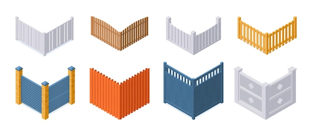 Le icone isometriche degli angoli della recinzione moderna e tradizionale impostano l'illustrazione vettoriale isolata