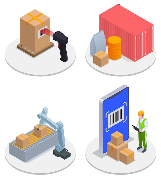 Isometric modern warehouse icon set scanner storage bin robotic arm worker checks boxes against scanner on round stand illustration