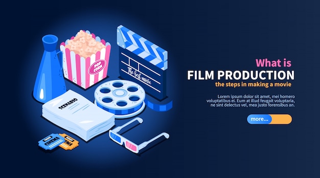 Isometric movie cinema flowchart concept with images of random cinema-related items text and slider button  illustration