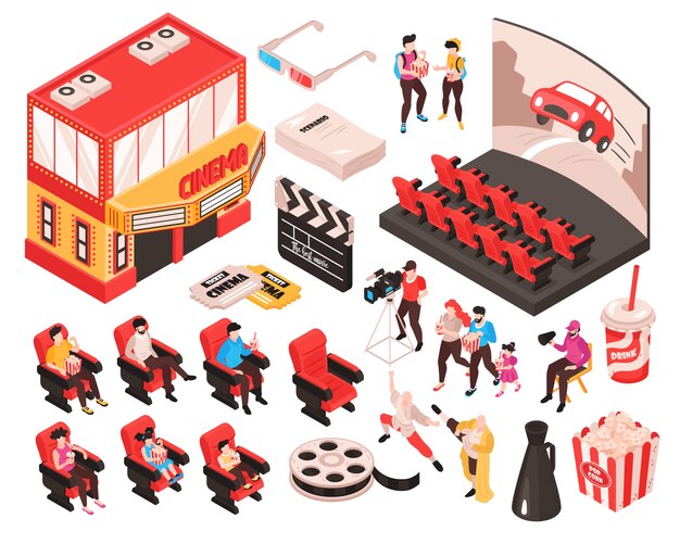 isometric movie cinema set of isolated elements theater building audience seats and accessories of movie watchers  illustration