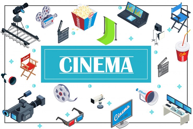 Free Vector isometric movie production composition with cameras popcorn soda director chairs megaphone 3d glasses screen clapperboard film reel audio record equipment hromakey