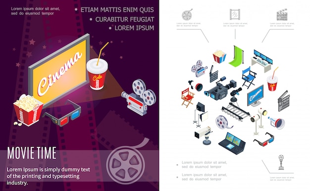 Vettore gratuito composizione del tempo del film isometrico con telecamere schermo soda popcorn occhiali 3d hromakey ciak regista sedia bobina di film megafono proiettori console di registrazione audio