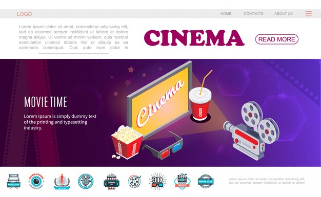 Isometric movie time web page template with tv screen soda popcorn 3d glasses camera and colorful cinema labels