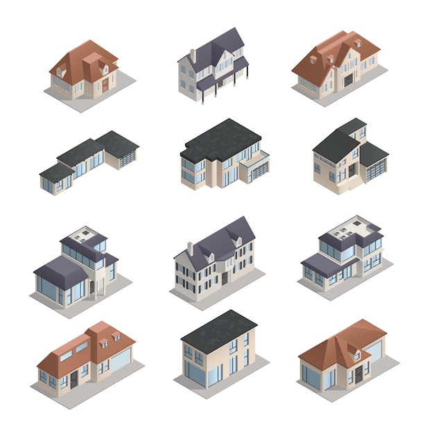 Isometric mpdern low-rise suburban houses of different shape set isolated 