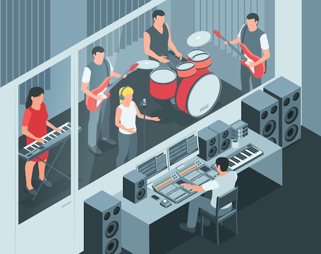 Vettore gratuito composizione isometrica in studio musicale con vista interna del tecnico del suono che registra band dal vivo con illustrazione vettoriale della console di missaggio