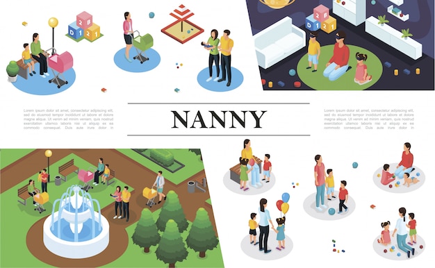 Free vector isometric nanny work composition with nanny playing different games and walking with children