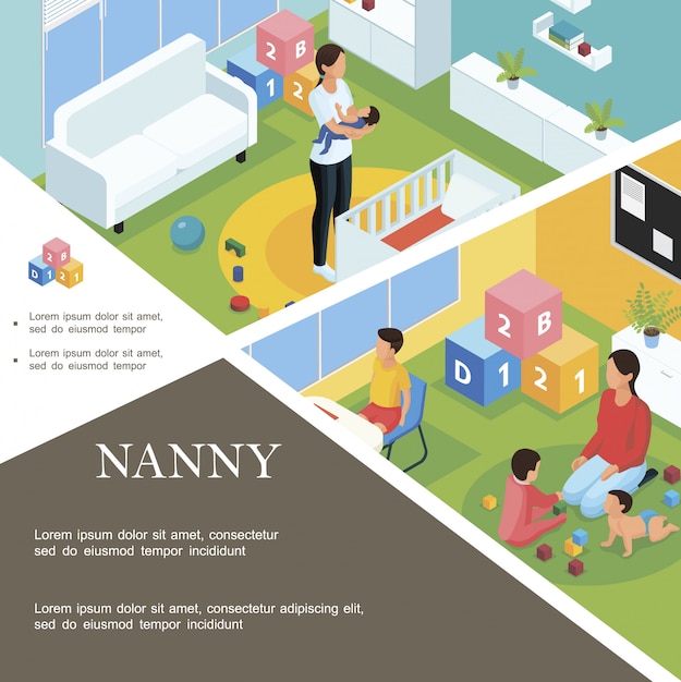 Isometric nanny work template with babysitter puts baby to sleep and nanny playing with kids in child room