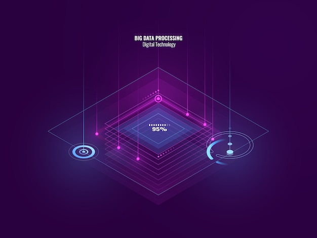 デジタル技術、ビッグデータ処理、サーバールーム、技術の未来の等尺性ネオンバナー