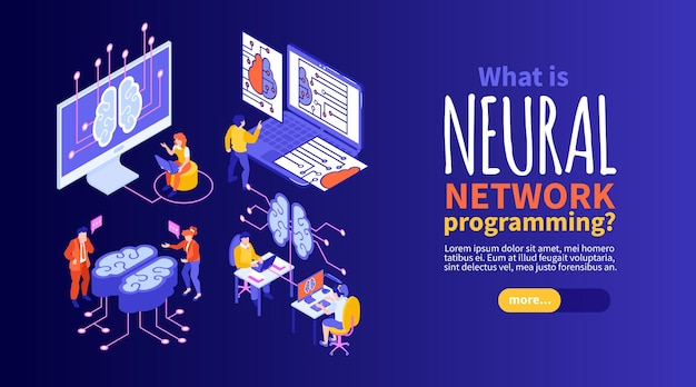 Free vector isometric neural network programmer horizontal banner with people connected to brains and computers with editable text vector illustration