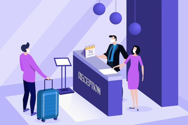 Isometric new normal in hotels illustration