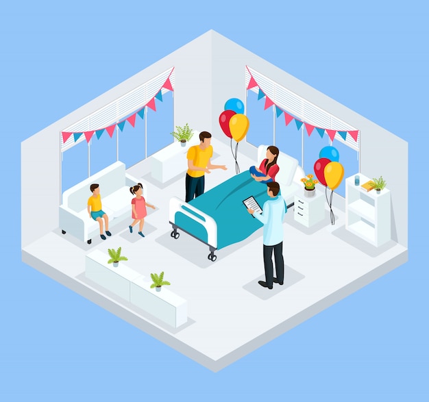 Isometric newborn concept with father kids and doctor congratulate mother with child birth in clinic isolated 