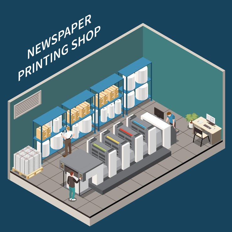 Free Vector isometric newspaper printing shop interior with equipment printed products paper and three human characters 3d illustration