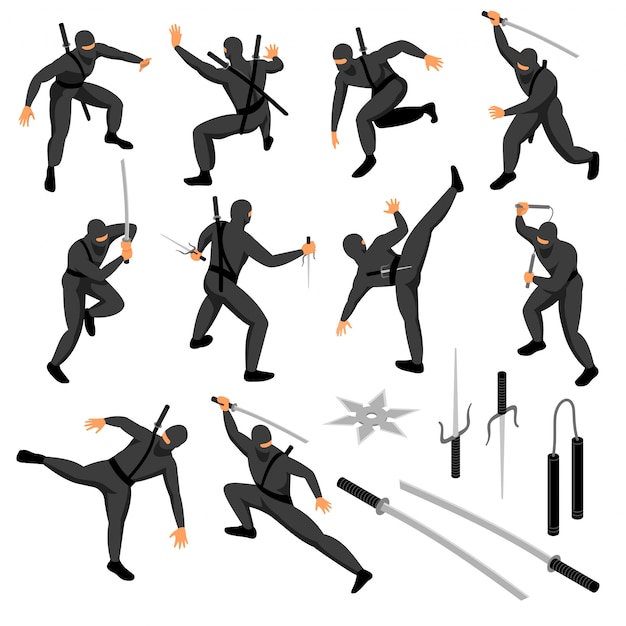 Изометрические ниндзя набор изолированных человеческих персонажей воина в разных позах с оружием векторная иллюстрация