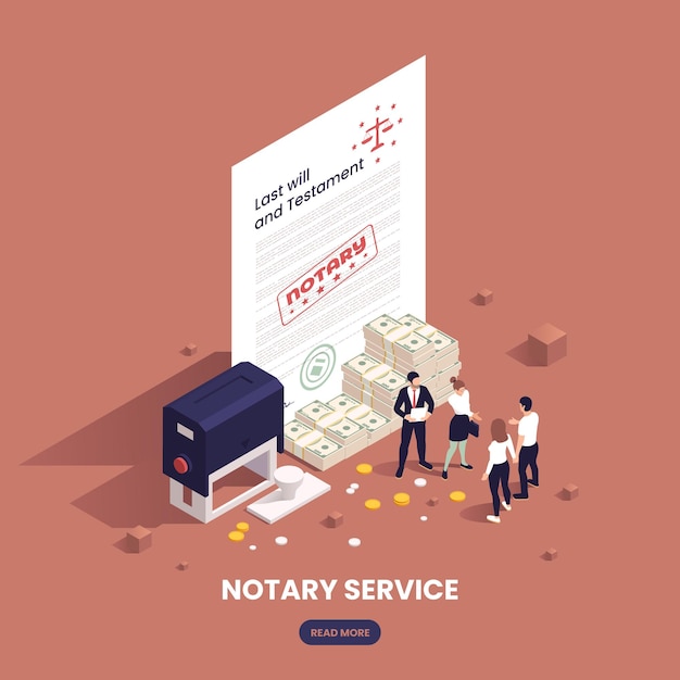 Isometric notary services concept with last will and testament and people with equipment vector illustration
