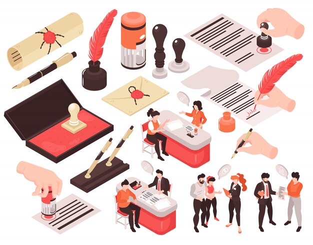 Isometric notary services set of isolated images with human characters thought bubbles and hands with pens