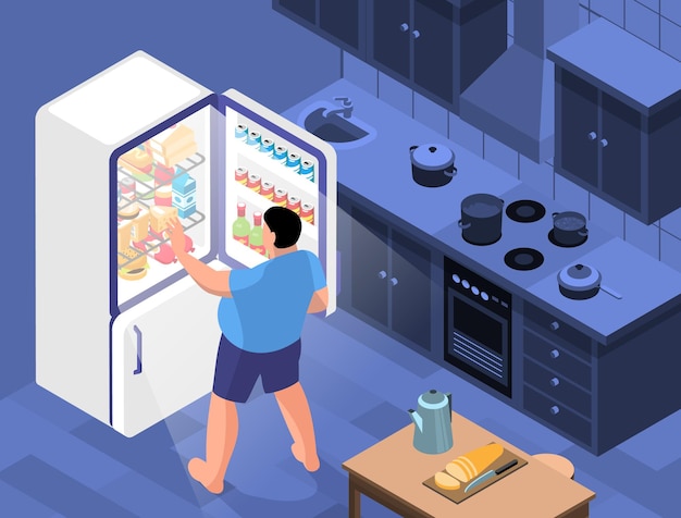 Free vector isometric obesity horizontal composition with view of kitchen interior with fat person opening door of fridge