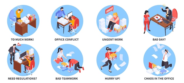Free vector isometric office chaos set of isolated round compositions with discouraged outworking coworkers missing deadlines and text vector illustration