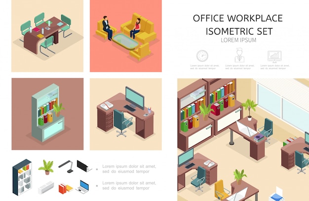 Isometric office interior composition with business workplace bookcase furniture talking colleagues computer laptop plants lamp conditioner file folders