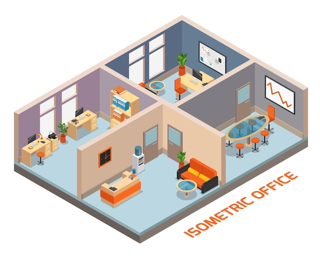 Isometric office interior composition with four rooms workplace rest and waiting room meeting room vector illustration