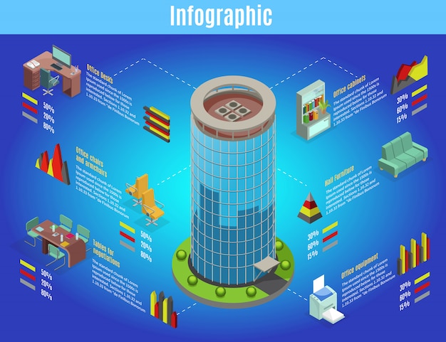 Isometric office interior infographic template with business center furniture desks tables chairs bookshelf equipment graphs isolated – Free Vector Download