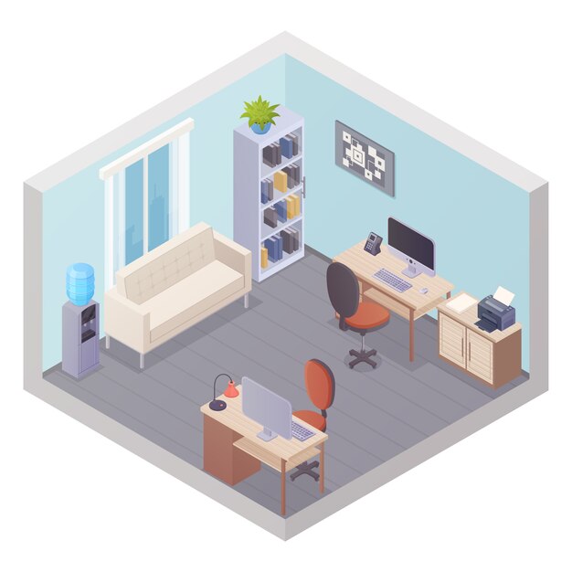 Isometric office interior with two workplaces stuff cabinet cooler table with printer and sofa for v