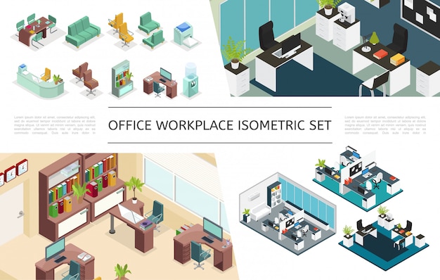 Isometric office interiors collection with variations of workplaces furniture bookcase printer computer coffee machine water cooler plants lamps clocks